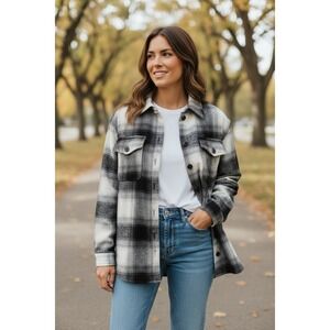 Lucky Brand Plaid Sherpa Lined Shacket Jacket Women Small Black White Gray